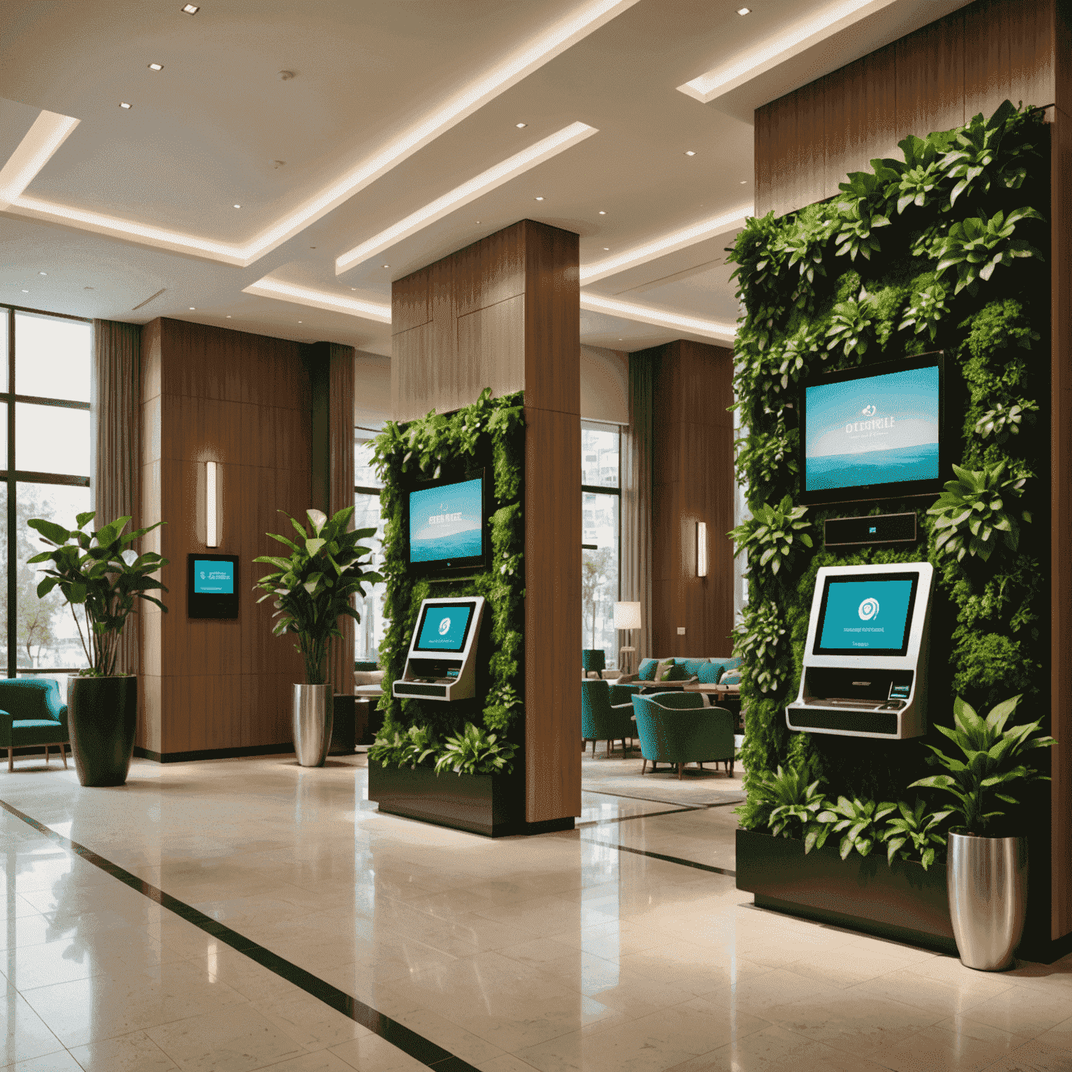 A modern hotel lobby with high-tech check-in kiosks and a sustainable green wall, representing the latest trends in the hotel industry