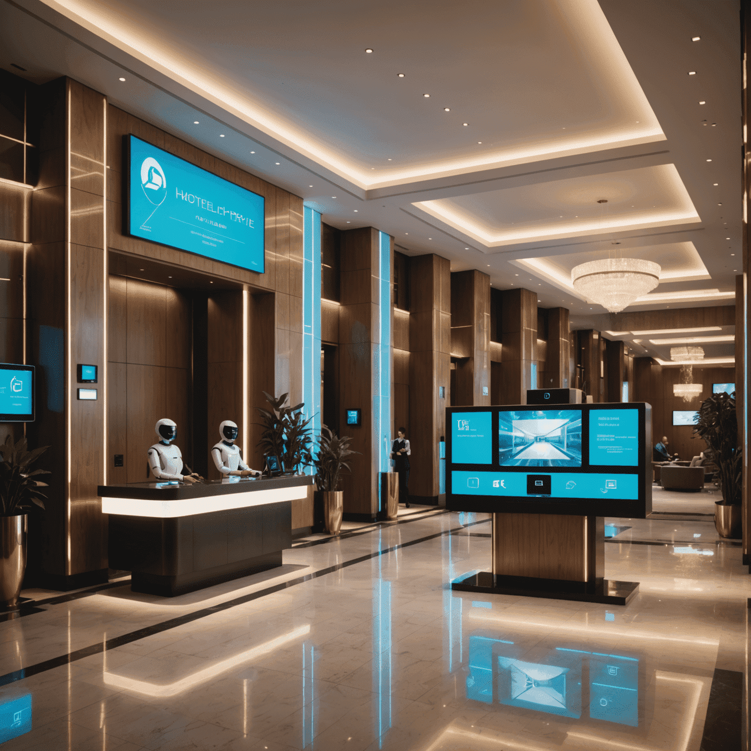 Futuristic hotel lobby with holographic check-in screens and robotic concierge