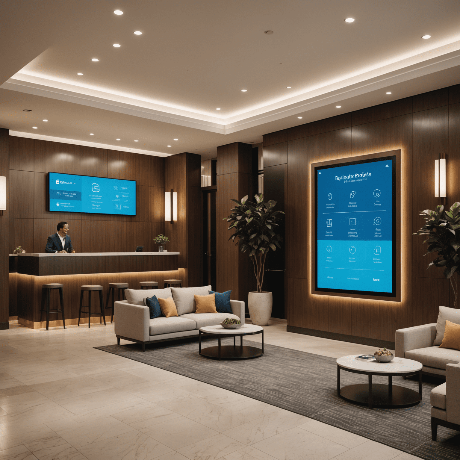 A modern hotel lobby with digital displays showing dynamic pricing and revenue management tools