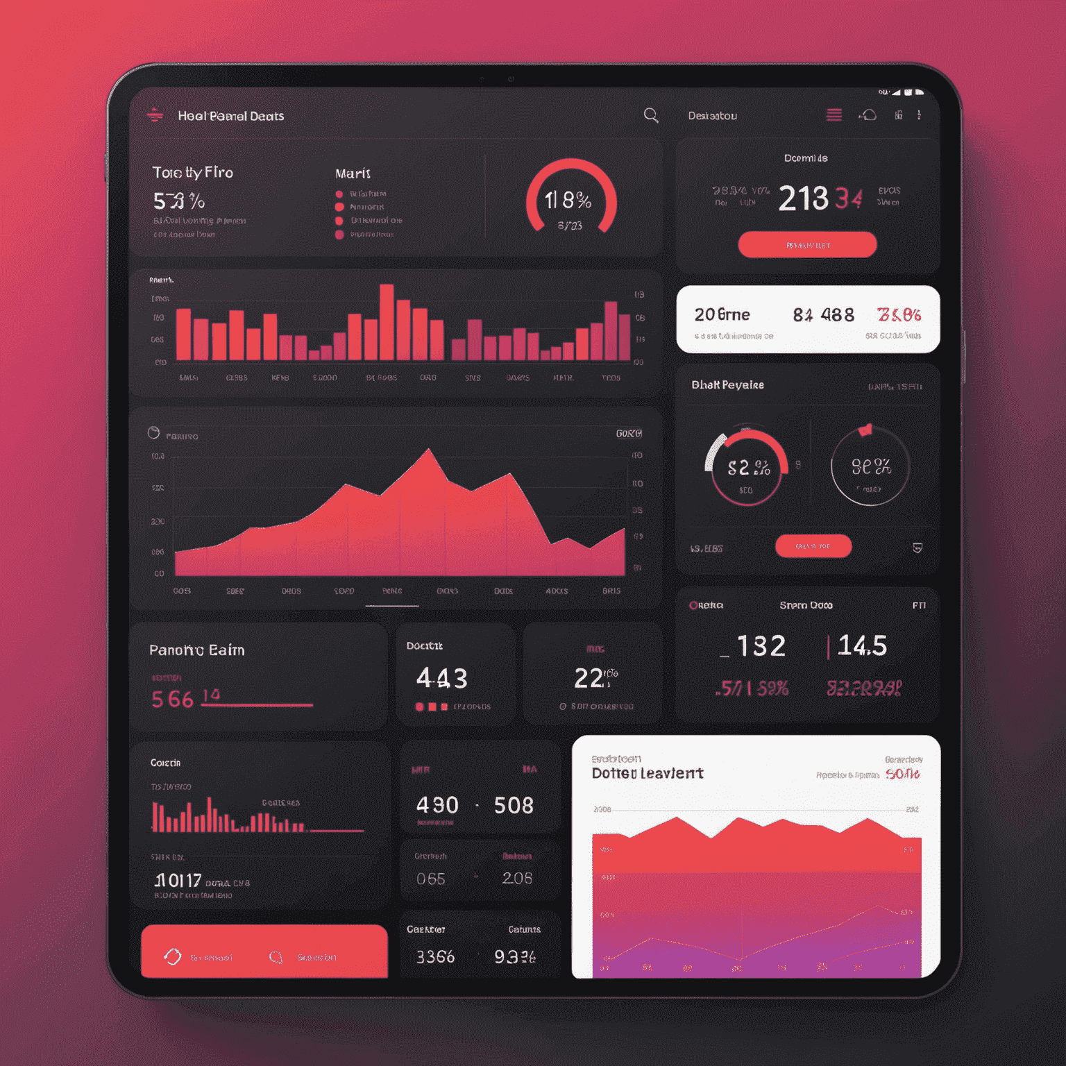 A modern dashboard displaying various hotel performance metrics such as occupancy rates, revenue per available room, and guest satisfaction scores. The interface is sleek and user-friendly, with vibrant charts and graphs in red, pink, and black colors.