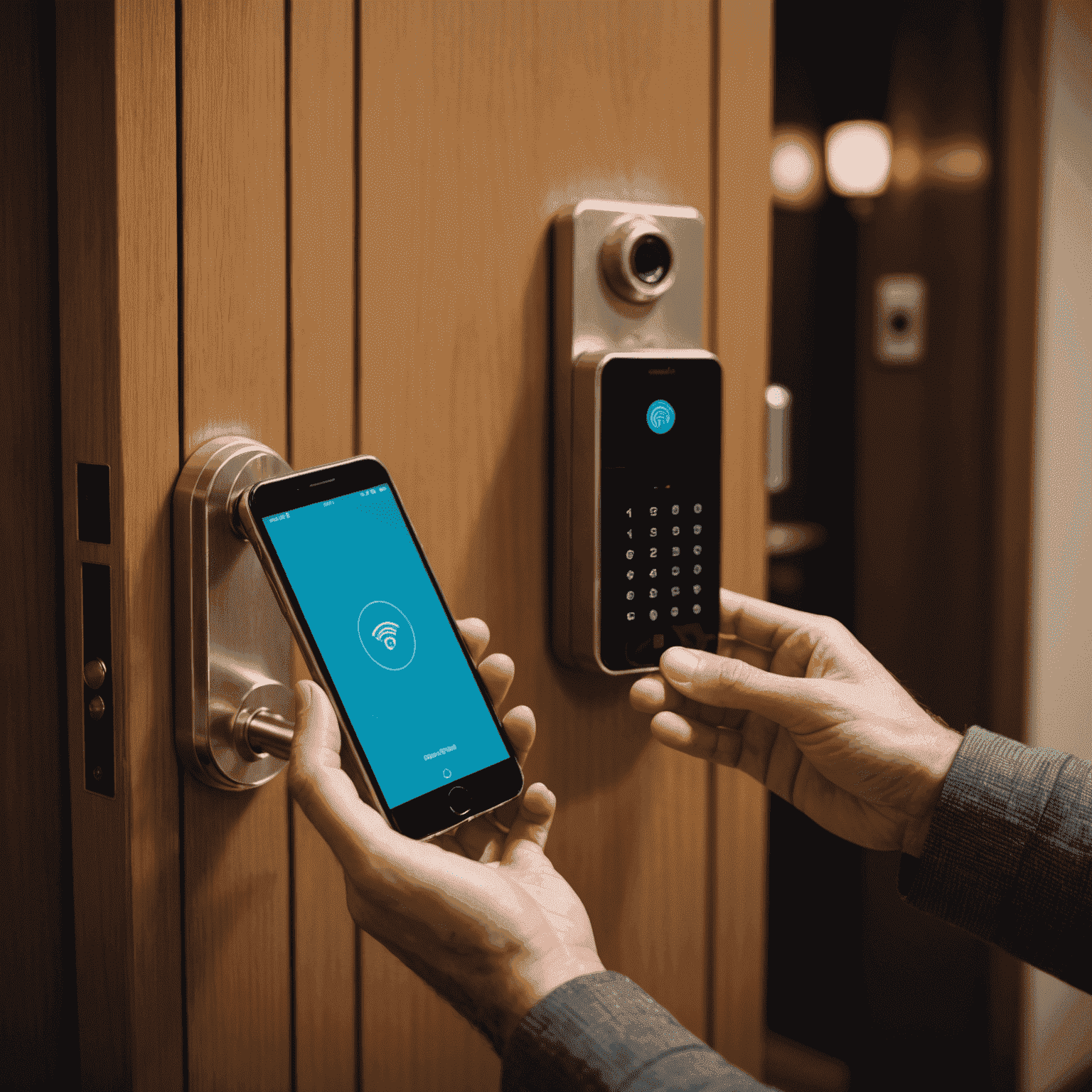 Guest using smartphone to unlock hotel room door with contactless technology