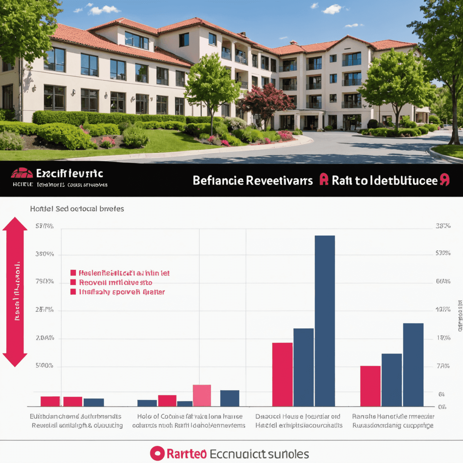 Split-screen image showing a before and after scenario of hotel revenue. The left side displays lower occupancy and revenue, while the right side shows increased occupancy and revenue after implementing D-Edgc's rate control strategy. Graphs and charts in red and pink highlight the positive impact.