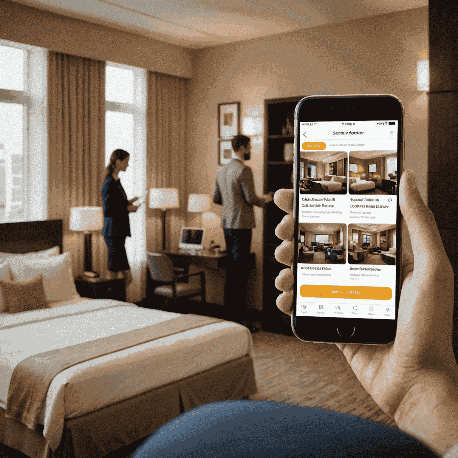 A hotel guest using a mobile app to customize their stay with personalized offers and upgrades