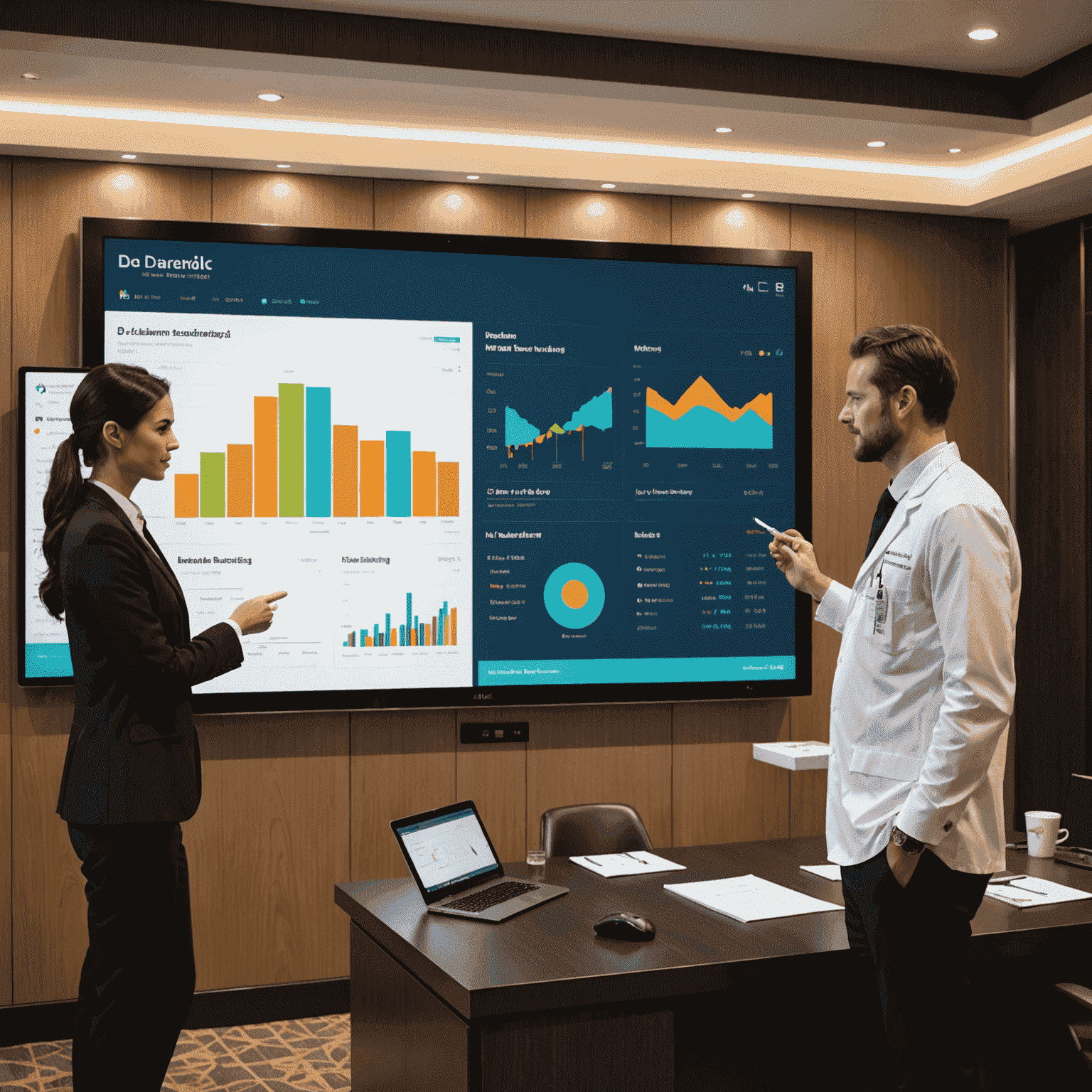 Hotel staff reviewing D-Edgc's analytics dashboard on a large screen